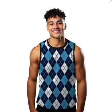 Imagem de Camiseta Algodão Regata Verão Estilo Moda Praia Xadrez Azul Crochê 601