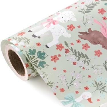 Imagem de WRAPAHOLIC Rolo de papel de embrulho de Páscoa Kraft - Mini rolo - 43 cm x 80 metros - Coelhinho da Páscoa, ovelha, ganso com laço, papel de embrulho perfeito para Páscoa, chá de bebê, festa