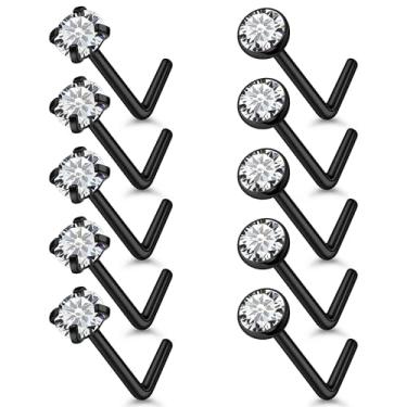 Imagem de Qiwnswoy 10 peças de anéis de nariz de aço cirúrgico/titânio, brincos em forma de L, zircônia cúbica, sem piercing, joia corporal para mulheres 22 g/20 g/18 g, Metal Cristal, Zircônia cúbica