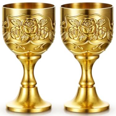 Imagem de Nosiny 2 peças mini cálice de cálice vintage dourado cobre copo pequeno cálice copo de vinho medieval liga de zinco copos de shot em relevo flor para primeira comunhão beber altar (85 g)