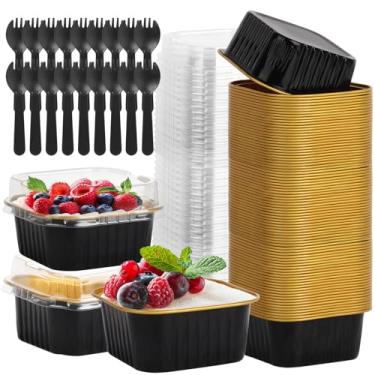 Imagem de CXIIPOL Pacote com 60 mini formas de bolo de 142 g com tampas, mini formas de bolo de 9 x 9 cm, copos quadrados de folha de alumínio, recipientes de bolo descartáveis para festas, casamentos