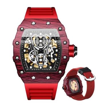 Imagem de BINBOND Relógio masculino automático quadrado esqueleto mecânico corda automática moda pulseira de silicone relógio de pulso masculino à prova d'água luminoso, Vermelho, relógios masculinos