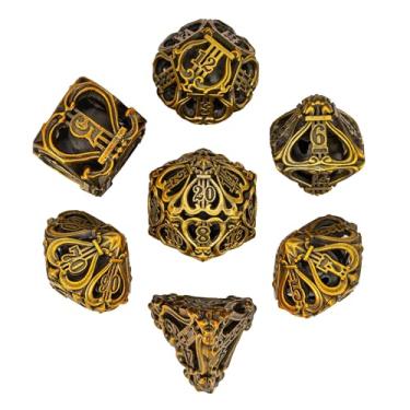 Imagem de Cusdie 7-Die Metal Dice Set - Hollow Design with Bells - Crisp Sounding Gaming Dice in Tin Box - Perfect for Tabletop RPGs & Board Games(Ancient Gold)