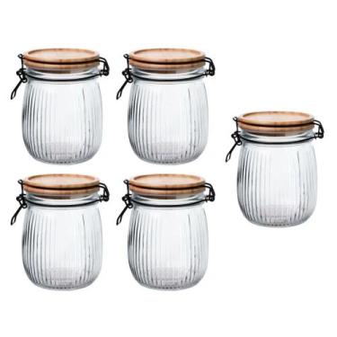 Imagem de Kit 5 Pote Hermético Versalhes Vidro Com Tampa Bambu 800ml Trava Presi
