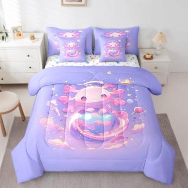 Imagem de Feelyou Jogo de cama infantil casal com estampa de axolotl, galáxia, planeta, espaço, 7 peças, desenho animado, animal, 7 peças, 7 peças