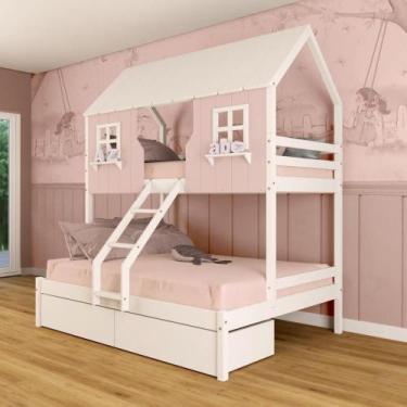 Imagem de Beliche Casal/ Solteiro Casinha Encantada com 02 Gavetas Madeira Maciç