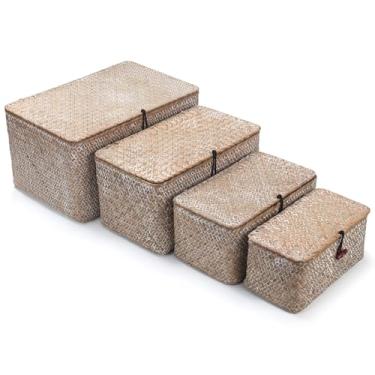 Imagem de XIMISISE Cesta de vime com tampa, cesta de armazenamento de algas marinhas, cestas de armazenamento decorativas tecidas para organização de prateleiras, cal