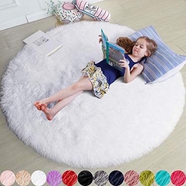Imagem de Tapete redondo branco para quarto, tapete circular fofo 1,22 x 1,22 m para quarto de criancas, tapete peludo para quarto de adolescente, tapete circular felpudo para quarto de bebe, tapete felpudo de pelucia para dormitorio, tapete branco, decoracao de quarto fofa para bebe
