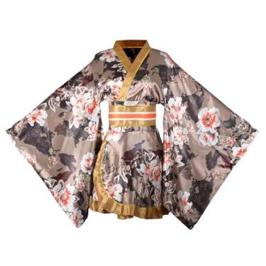 Imagem de Quimono feminino curto sexy fantasia adulta estampa de gueixa japonesa vestido de festa de Halloween vestido chique com cinto (89# marrom)
