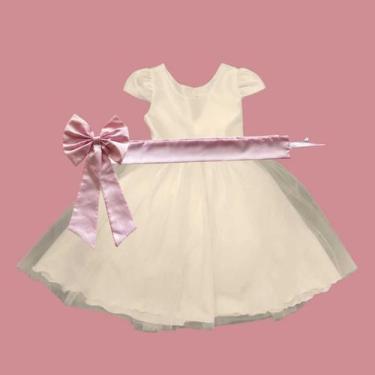 Imagem de Vestido longo Off White com Faixa e Laço ROSA BEBÊ Infantil Festa eleg