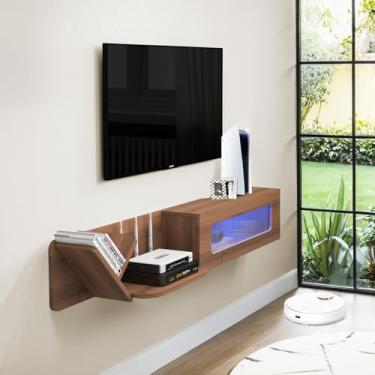 Imagem de Pmnianhua Suporte de TV flutuante rústico com luzes LED, console de mídia montado na parede de 149 cm, centro de entretenimento flutuante, prateleira flutuante com porta de vidro e armazenamento para