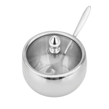 Imagem de Açucareiro em Aço Inox com Tampa de Vidro, Colher Incluída, 8,5cm x 5,5cm
