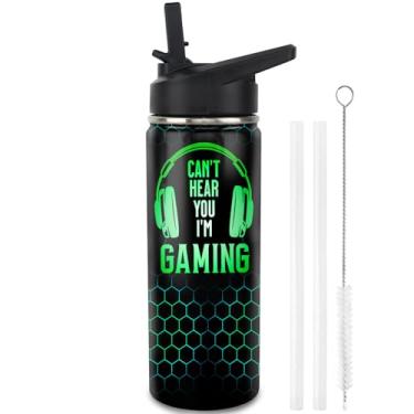 Imagem de Jizrecly Garrafas de água para jogos com canudo, caneca de copo de aço inoxidável isolada de 510 g Presentes para mulheres e meninas amantes de jogos