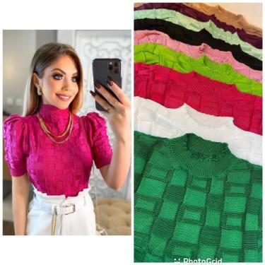 Imagem de Blusa cropped feminino tricô fio rayon manga curta bufante - moda filo