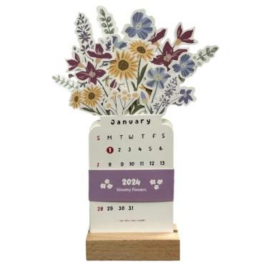 Imagem de Calendário de mesa de flores desabrochadas 2024, calendário de mesa de flores criativo, calendário mensal de ano novo em forma de vaso, base de madeira, agenda mensal de mesa, decoração de mesa de