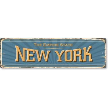 Imagem de SmartSign Placa de metal vintage do estado de Nova York 10 x 35,5 cm "O Império Estado", alumínio à prova de ferrugem de 40 mil com sobretudo transparente, decoração de parede retrô, multicolorido