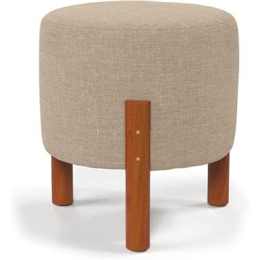Imagem de Puff Banquinho Redondo Decorativo em Linho Cor Bege Pés Madeira Maciça Thor – Lojas MS Decor