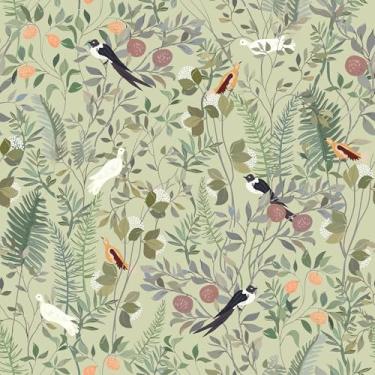Imagem de VEELIKE Papel de parede vintage de pássaro verde chá descasque e cole papel de parede tropical de samambaia para quarto, banheiro, casa de fazenda, 48 x 39 cm, autoadesivo, boho, papel de parede
