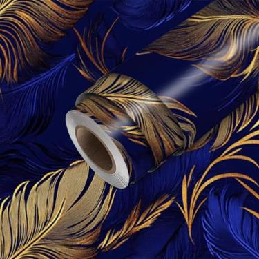 Imagem de HOMETITUTE Papel de parede azul marinho com penas douradas, descasque e cole com padrão orgânico, papel de parede, 300 x 45 cm, revestimento de parede autoadesivo de vinil para sala de estar