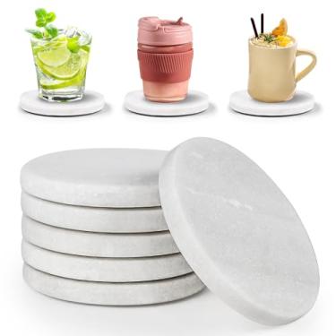 Imagem de Porta-copos de mármore branco com partículas brilhantes, conjunto de 6 - porta-copos de pedra de mármore natural com pés de silicone protetores, 10 cm de diâmetro, 1 cm de espessura - porta-copos