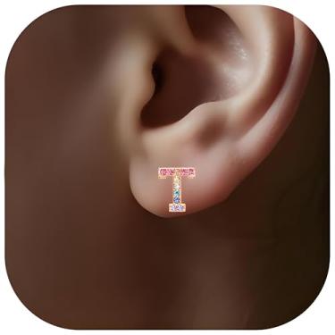 Imagem de Brincos com inicial de ouro, brincos coloridos com letras de strass, monograma, alfabetos de A a Z, ideia de presente dos brincos, Ouro rosa, Cristal