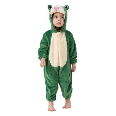 Imagem de LONULAIN Pijama unissex de fantasia de animal, macacão infantil de flanela com capuz para cosplay, roupa de casa/roupa de dormir, Sapo, 2-3T/Height:36"-39"