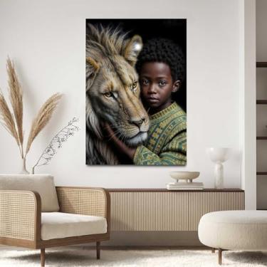 Imagem de Quadro Decorativo para Sala Quarto Hall 90x60 Leão e Menino Africa Amizade