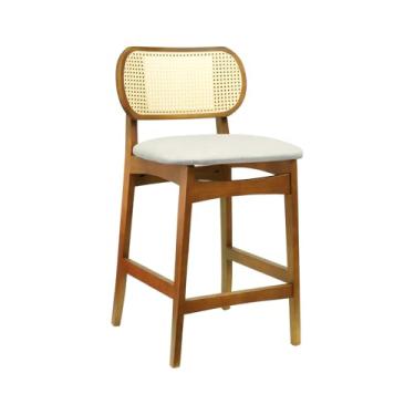 Imagem de Banqueta Organik Encosto Anatômico com Telinha Rattan Natural - Amêndoa - Assento Estof. Linho Bege Mescla Impermeável