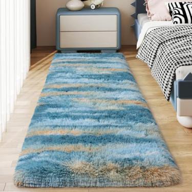Imagem de Ailyei Tapetes macios para corredores de quarto, 5 x 15 cm abstrato azul fofo tapete antiderrapante para dormitório de cabeceira, tapete peludo longo e felpudo para berçário sala de estar