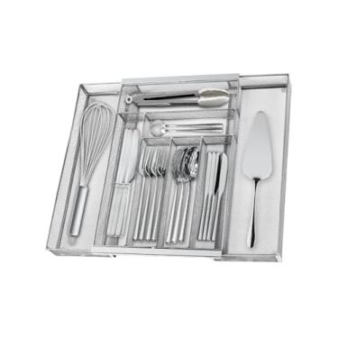 Imagem de Organizador de talheres de malha de metal, organizador de gaveta grande, bandeja de talheres de utensílios para gavetas de cozinha, organizador de talheres expansível com 8 compartimentos prata 29,5