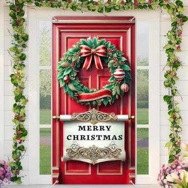 Imagem de BlissYard Merry Christmas Capa de porta de 88 cm x 188 cm para festas festivas de Natal decoração de sinal de guirlanda de poliéster portas de tecido de poliéster mural decoração de festa de Natal