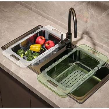 Imagem de Escorredor de Pia Retrátil com Alças Cesta Rack Ajustável para Pratos Alimentos Legumes Frutas