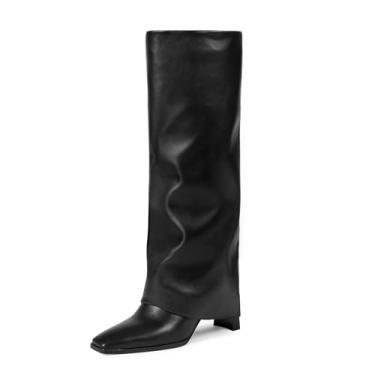 Imagem de wetkiss Botas de cano alto femininas dobráveis, bico quadrado, salto grosso com meio zíper, vestido longo na altura do joelho, botas altas para mulheres, moda, festa, casamento, dia a dia, Botas