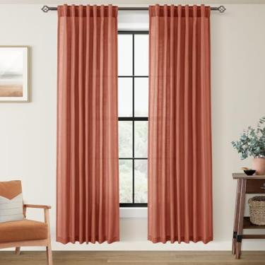 Imagem de Cortinas de terracota de linho de 203 cm, 2 painéis para sala de estar, filtro de luz, semitransparentes, enferrujadas, tecido de algodão macio, macio, texturizado, rústico, boêmio, decoração de