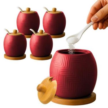 Imagem de Kit 4 Açucareiro Saleiro De Cerâmica Com Tampa De Bambu E Colher 250ml