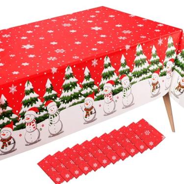 Imagem de Fivebop Pacote com 10 toalhas de mesa de plástico de Natal descartáveis com floco de neve vermelho 137 x 272 cm, capas de mesa retangulares para decoração para banquetes de festas de fim de ano