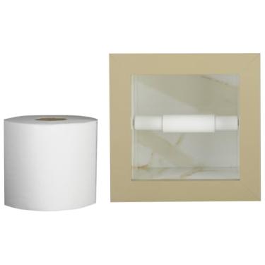 Imagem de Nicho Porta Papel Higiênico em Porcelanato Polido - (Calacata C/Bordas Bréccia) com Borda em Alumínio, 15x15x11 cm, com Rolete