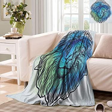 Imagem de Mantas de lã tamanho solteiro leão retrato artístico de leão com efeito nebuloso digital ilustração rei das árvores cobertor quente fofo para cama 203 cm x 152 cm azul claro turquesa