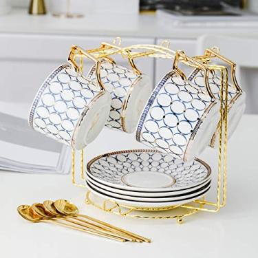 Imagem de AKALNNB Conjunto de utensílios de mesa, conjunto de chá de cerâmica, chaleira resistente ao calor, infusor de caldo, bule de teto, canecas de café, cabo dourado