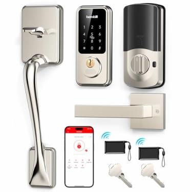 Imagem de Fechaduras inteligentes para porta da frente, fechadura de porta de entrada sem chave Hornbill com conjunto de maçanetas, controle de aplicativo, teclado com tela sensível ao toque, desbloqueio de