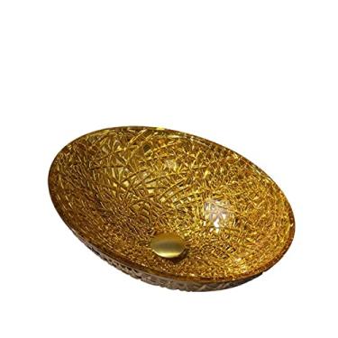 Imagem de Lavatório de pia de vaso pia pia de banheiro lavatório de vidro temperado galvanizado lavatório de casa oval de vidro dourado bacia de lavagem pia de banheiro tigela pequena de cerâmica (cor: cinza