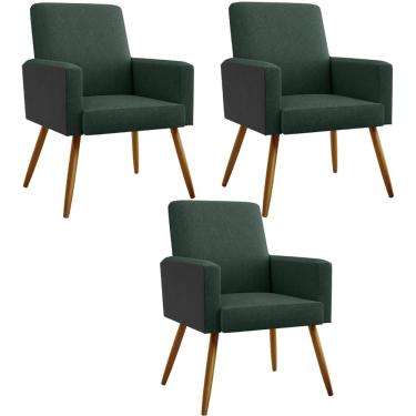 Imagem de Kit 03 Poltronas Decorativa Maria W01 Pés Palito Linho Verde Musgo Couríssimo Preto - Lyam Decor