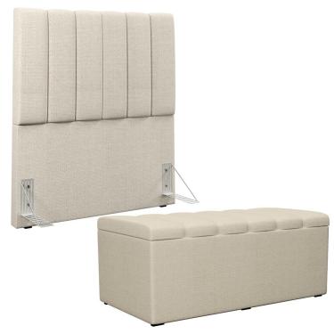 Imagem de Kit Cabeceira Cama Box Solteiro 100cm Calçadeira Recamier Baú Dália W01 Linho Champagne - Lyam Decor