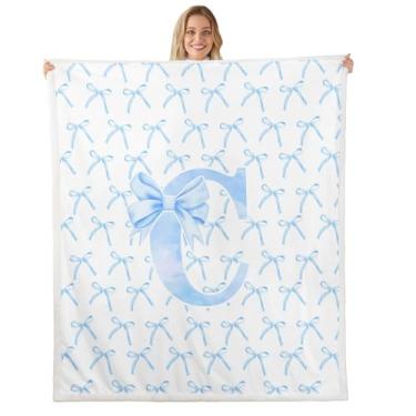 Imagem de Cobertor infantil com laço de desenho animado, gravata borboleta azul letra C nó princesa meninas mulheres cobertor de cama, aquarela laço patchwork azul branco felpudo cobertor, tamanho da manta (127