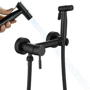 Imagem de SUBEIXI Pulverizador de bidê portátil para vaso sanitário com água quente e fria, aço inoxidável preto fosco água quente conjunto de acessórios de spray de bidê redondo