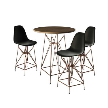 Imagem de Jogo Mesa Bistrô Eames Tampo Amêndoa 60Cm 3 Banquetas Preta Base Ferro Cobre - Cor: Amendoa