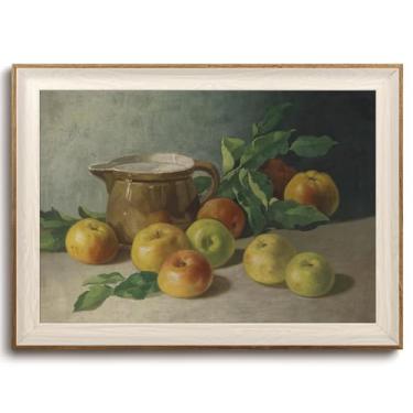 Imagem de KISSFOX Arte de parede emoldurada vintage natureza morta maçãs e jarro arte de parede arte de fazenda frutas arte para sala de estar quarto banheiro cozinha 30 x 40 cm