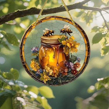 Imagem de Acrílico colorido Suncatcher, abelhas no pote de mel, vitral de 18 cm, decoração de parede de janela suspensa com design de vitral impresso, ideia de presente e ornamento de jardim, uso interno e