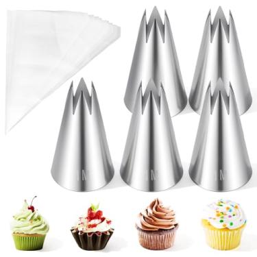 Imagem de Conjunto de 5 pontas de tubulação de aço inoxidável 1 m, pontas grandes de decoração de pastelaria estrela com 20 sacos de confeitar descartáveis para decoração de bolos, biscoitos, creme