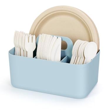 Imagem de Honlibey Organizador de utensílios de plástico, 5 compartimentos para festas, buffet, piquenique, acampamento, organizador de bancada dobrável ao ar livre para pratos, guardanapos, faca, garfo, colher